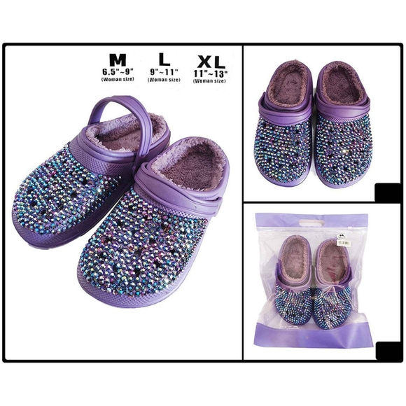 Purple Bling Rhinestone Crystal Fur Slip On Croclike Slides Rubber Clogs Sandals - Picture 2 of 3
